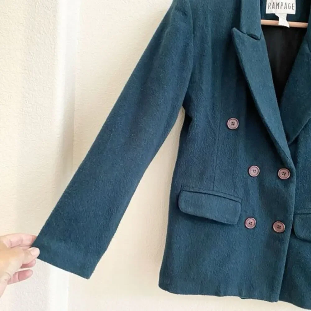 Rampage Womens Lined‎ Forest Green Blazer Double Breasted Jacket Wool Blend